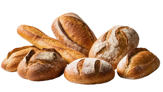 Assortment of crusty artisan breads including baguettes and boules, isolated on transparent background