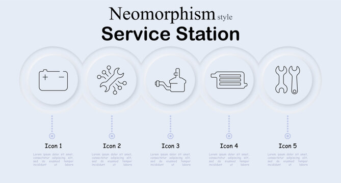 Service station set icon. Neomorphic circular interface line icons with battery power unit, engine spark ignition, carburetor fuel device, air filter element, mechanic wrench tools