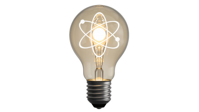 Glowing incandescent light bulb with atom symbol inside, isolated on transparent background