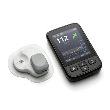 Modern medical device for continuous glucose monitoring wirelessly transmitting data to a handheld reader transparent background