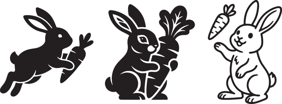 Bunny rabbit silhouette set with carrot illustrations including jumping rabbit and linear icons.