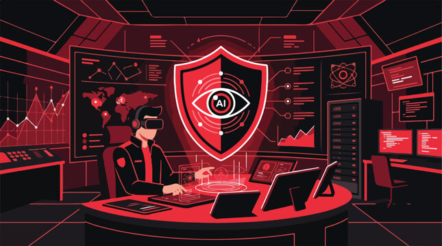 Cyber security expert working on computer in dark room with shield and eye logo