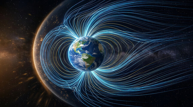 Earth surrounded by magnetic field lines in space | Geomagnetic field interacting with solar wind | Scientific visualization of planetary magnetosphere