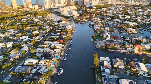 Aerial View of Broadbeach Waterways and City Skyline During Golden Hour