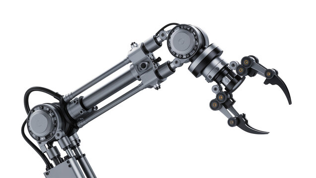 Industrial robotic arm with articulated joints and gripper, isolated on transparent background