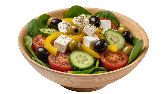Fresh Greek salad with feta cheese olives and vegetables in a wooden bowl, isolated on transparent background