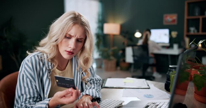Frustrated, woman and laptop with credit card for bankruptcy, decline or debt in home. Female person, user or upset shopper with debit on computer for banking rejection or financial crisis in house