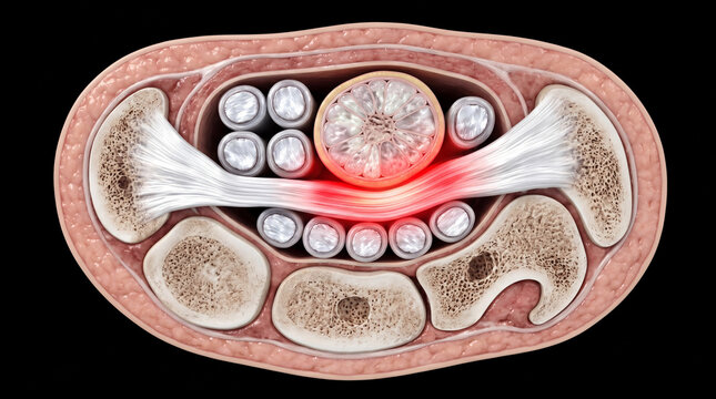 Wrist cross-section showing carpal tunnel syndrome with median nerve compression and inflamed flexor tendons on black background.
