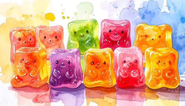 Watercolor painting of cheerful, vibrant gummy bears lined up against a colorful splashy background