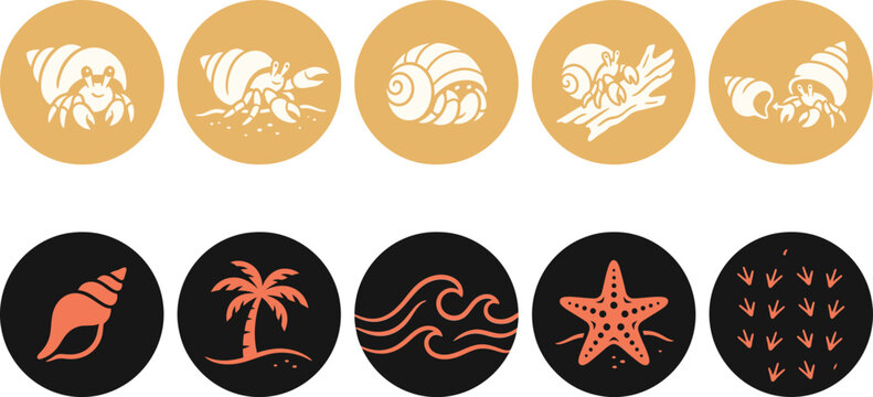 Set of ten round icons featuring cute hermit crabs and various tropical ocean themed elements