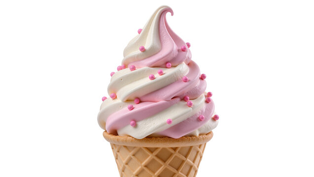 Swirled strawberry and vanilla soft serve ice cream cone with pink sprinkles, isolated on transparent background