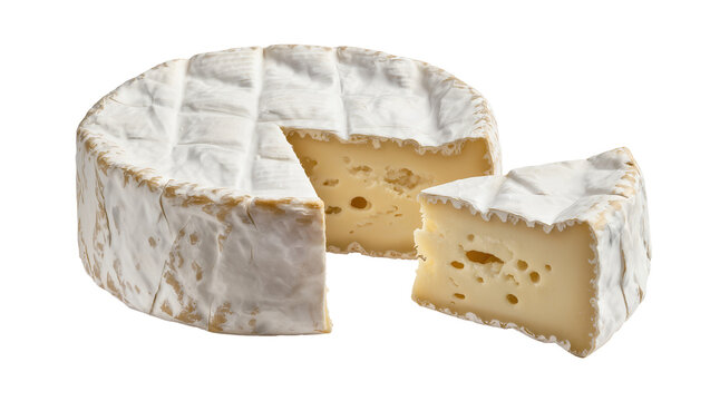 Whole round brie cheese with a slice cut out, isolated on transparent background
