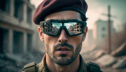 Obraz premium Italian paratrooper on patrol in a war torn city street focused on mission in daylight