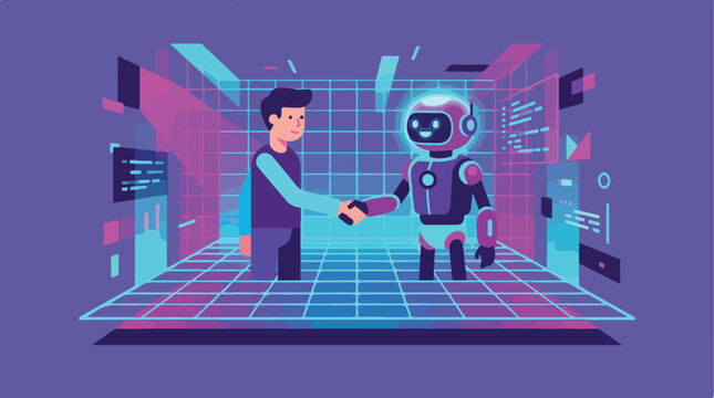 Man and robot shaking hands in virtual reality space