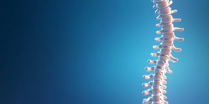 Close up medical 3d render of human spine vertebrae and discs on blue background.