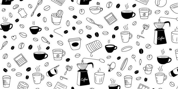 Coffee Cup Pattern with Cups, Mugs, Espresso Shots, Beans, and Packaging Icons in Monochrome Line Art Repeat Background