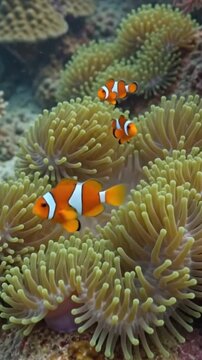 Underwater Coral reef with colorful fish swimming past, 916 vertical.