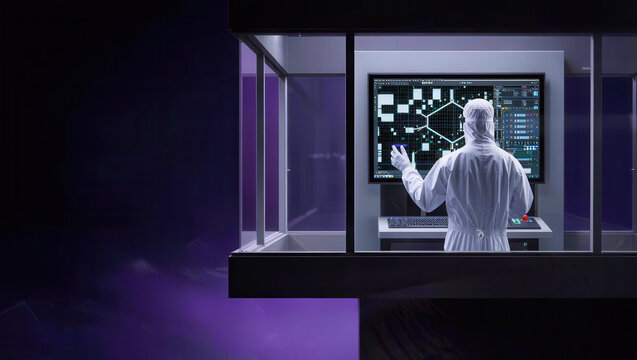Cleanroom engineer analyzing semiconductor wafer layout on touchscreen monitor, focused and precise in sterile lab environment