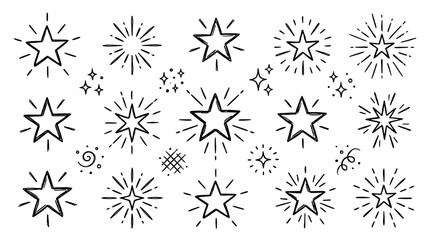 Obraz premium Hand drawn star sparkle and shine doodle icon set