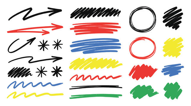 Hand drawn marker arrows, circles and highlight scribble set