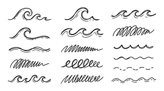 Hand drawn wave line icon set with ocean and water doodles