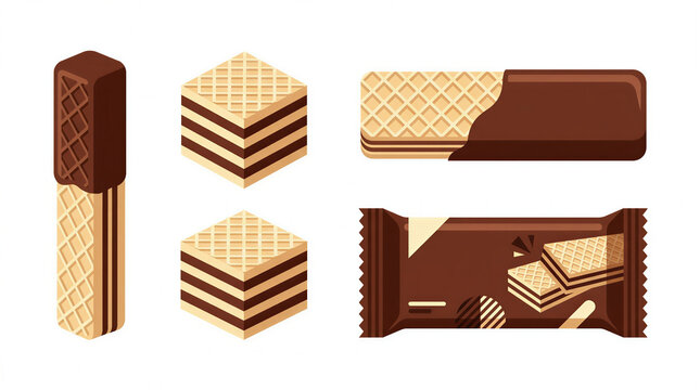 Chocolate Wafer Cookies Collection with Chocolate Coated Wafer Bars and Snack Packaging Vector Set