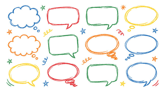 Colorful hand drawn speech and thought bubble doodle set