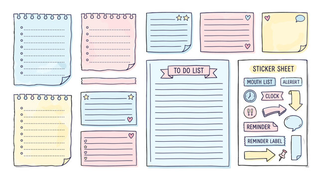 Cute pastel planner note paper and sticker sheet vector set