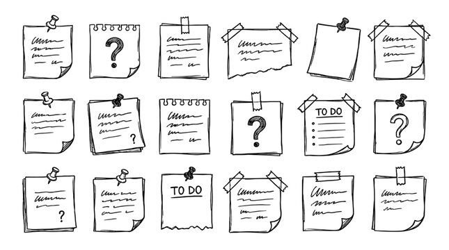 Hand drawn sticky note and memo paper doodle set