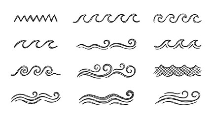 Hand drawn wave line icon set with sketch sea symbols © Mark