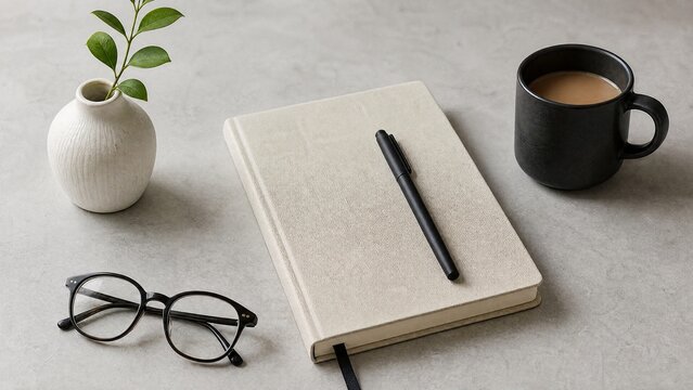 placement. Neatly arranged minimalist table setting with simple objects in a clean, uncluttered space. lifestyle magazines.