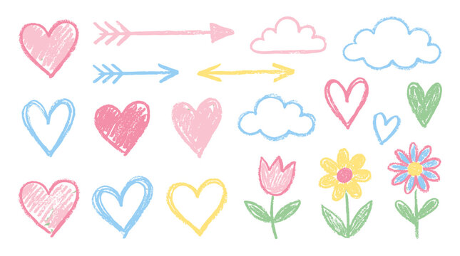 Colorful crayon doodle set with hearts clouds arrows and flowers