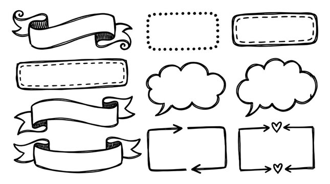 Hand drawn doodle frames, banners and speech bubble set