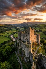 Naklejka premium Medieval stone castle on hilltop at sunset with medieval fortress landscape architecture heritage building countryside dramatic historic sightseeing majestic landmark exterior outdoors
