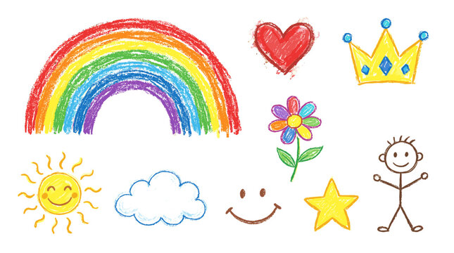 Hand drawn crayon doodle icon set with rainbow and cute symbols