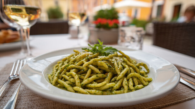 Trofie al Pesto Pasta Served in an Elegant Italian Restaurant