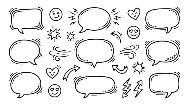 Hand drawn comic speech bubble and doodle icon set
