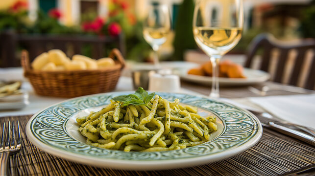 Traditional Trofie al Pesto Served at Italian Restaurant Terrace with White Wine