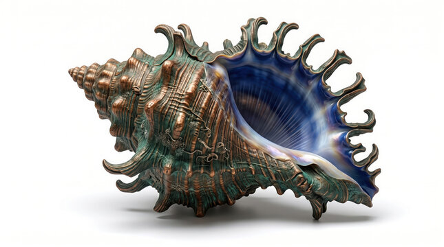 A detailed murex seashell with brown and green textures and a smooth blue generated using ai