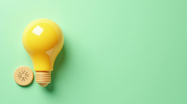Yellow Lightbulb and Sparkle Icon on Mint Green Background