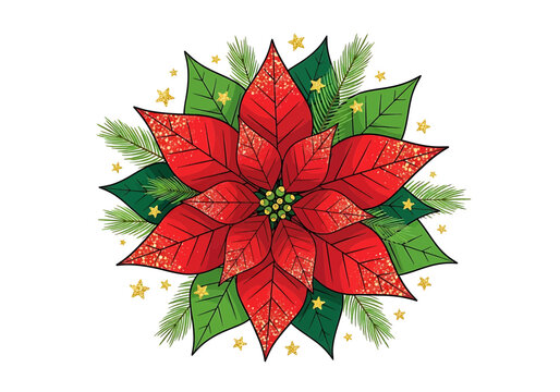 Beautiful christmas poinsettia flower with golden glitter stars and pine branches