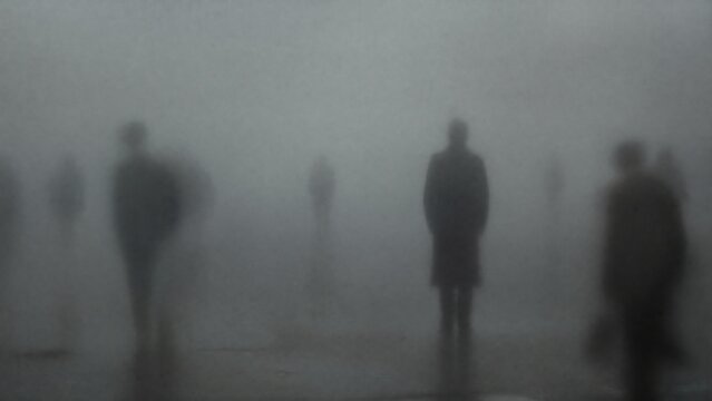 formless. Dense grey fog enveloping a space with blurred silhouettes moving. wellbeing guides, coaching materials, designed for coaching and self-improvement content, used by creative directors.