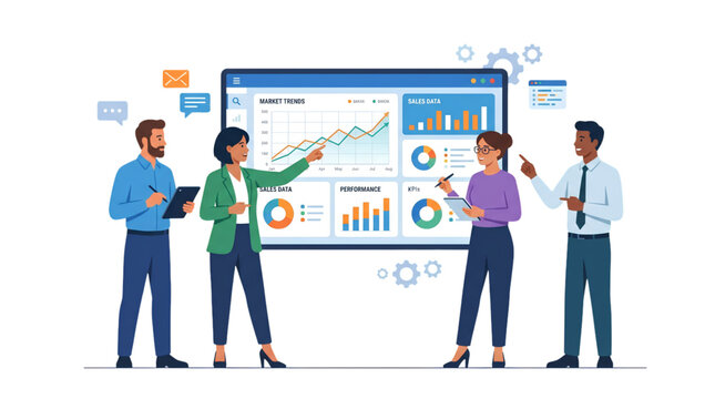 Business professionals collaborating on data analysis with interactive market trend dashboard illustration