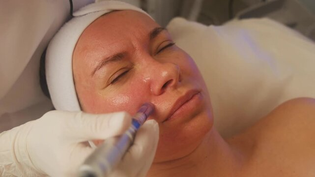 Close-up of a beautician performing a dermapen procedure on a woman's face in a beauty clinic