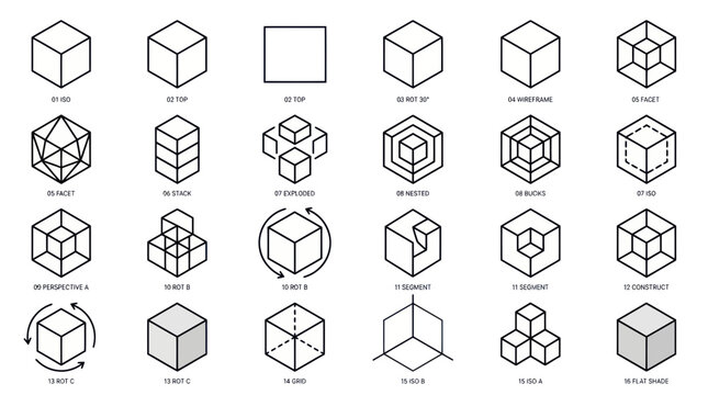 Geometric Shapes, Cubes and 3D Renderings, Wireframe and Isometric Views