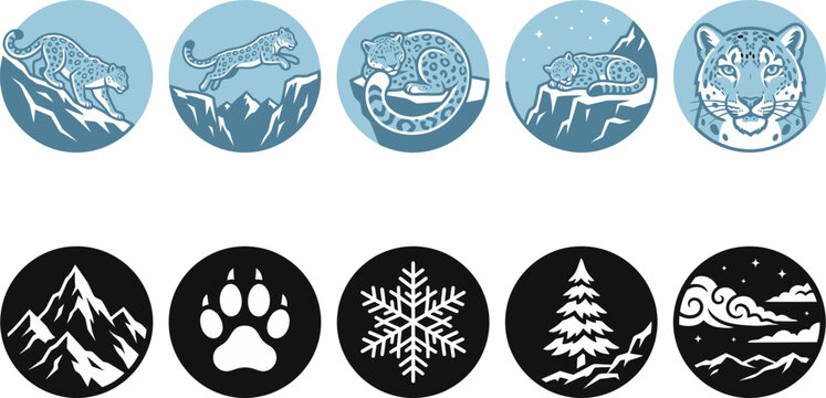Collection of circular snow leopard icons and mountain nature symbols in blue and black colors