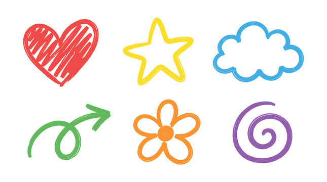 Hand drawn doodle icon set with heart star cloud arrow flower