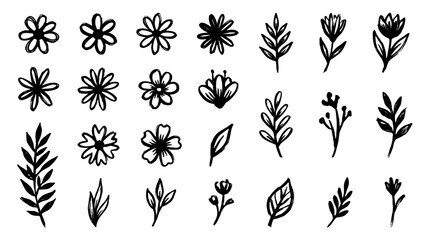 Fototapeta premium Hand drawn flower and leaf doodle set in black outline