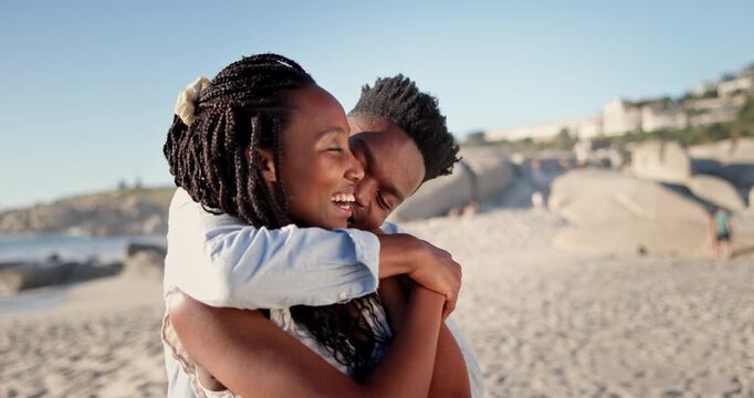 Face, travel and laugh with couple at beach, partner affection and bonding on tropical holiday. Portrait, embrace and people at ocean with humor, commitment and healthy relationship on vacation trip