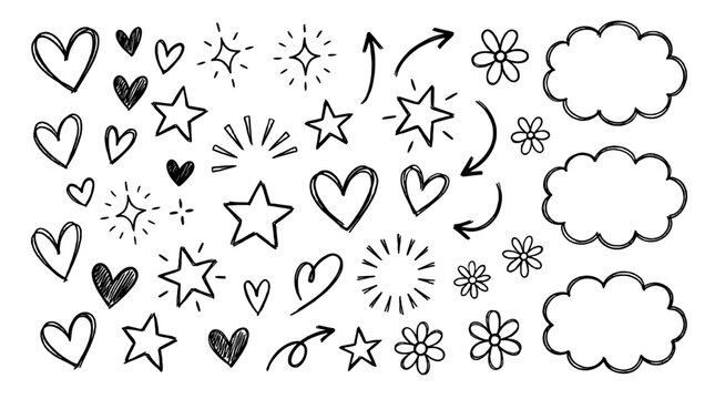 Hand drawn doodle hearts stars arrows flowers and cloud frames